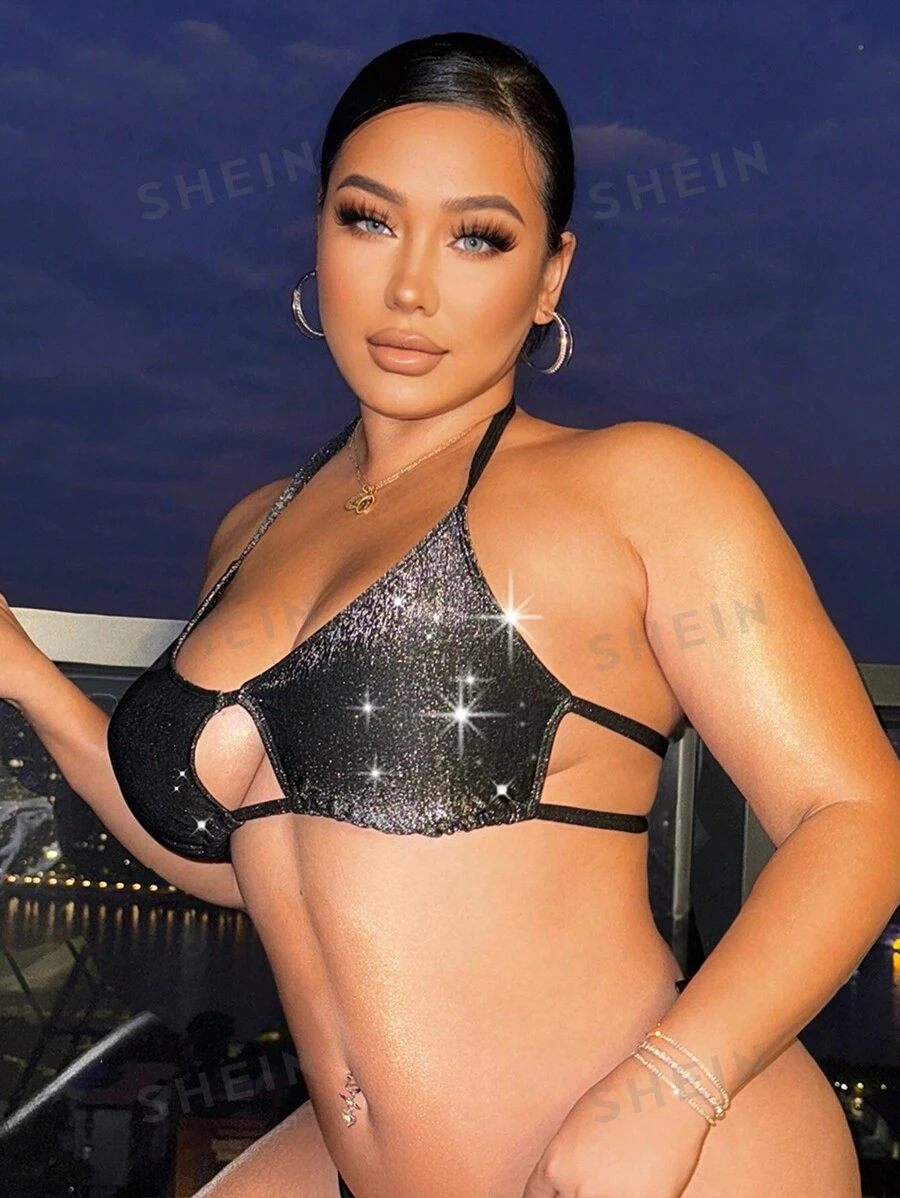 Swim SXY Top de traje de baño con empate y material brillante con lentejuelas para tallas grandes para el verano y la playa