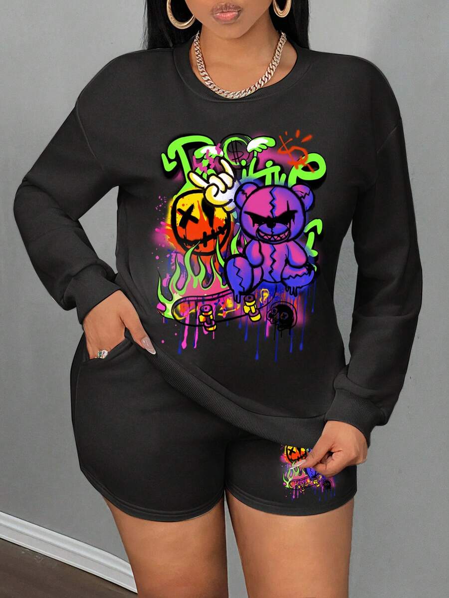 Slaydiva 2pcs Plus Size Women Casual Round Neck Letter & Cartoon Bear Graphic Long Sleeve Sweatshirt With Shorts Set, Suitable For Spring, Autumn & Winter