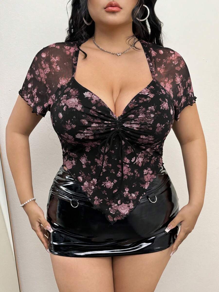 SHEIN ICON Plus Size Rose Ditsy Floral Mesh Overlay Short Sleeve T-Shirt