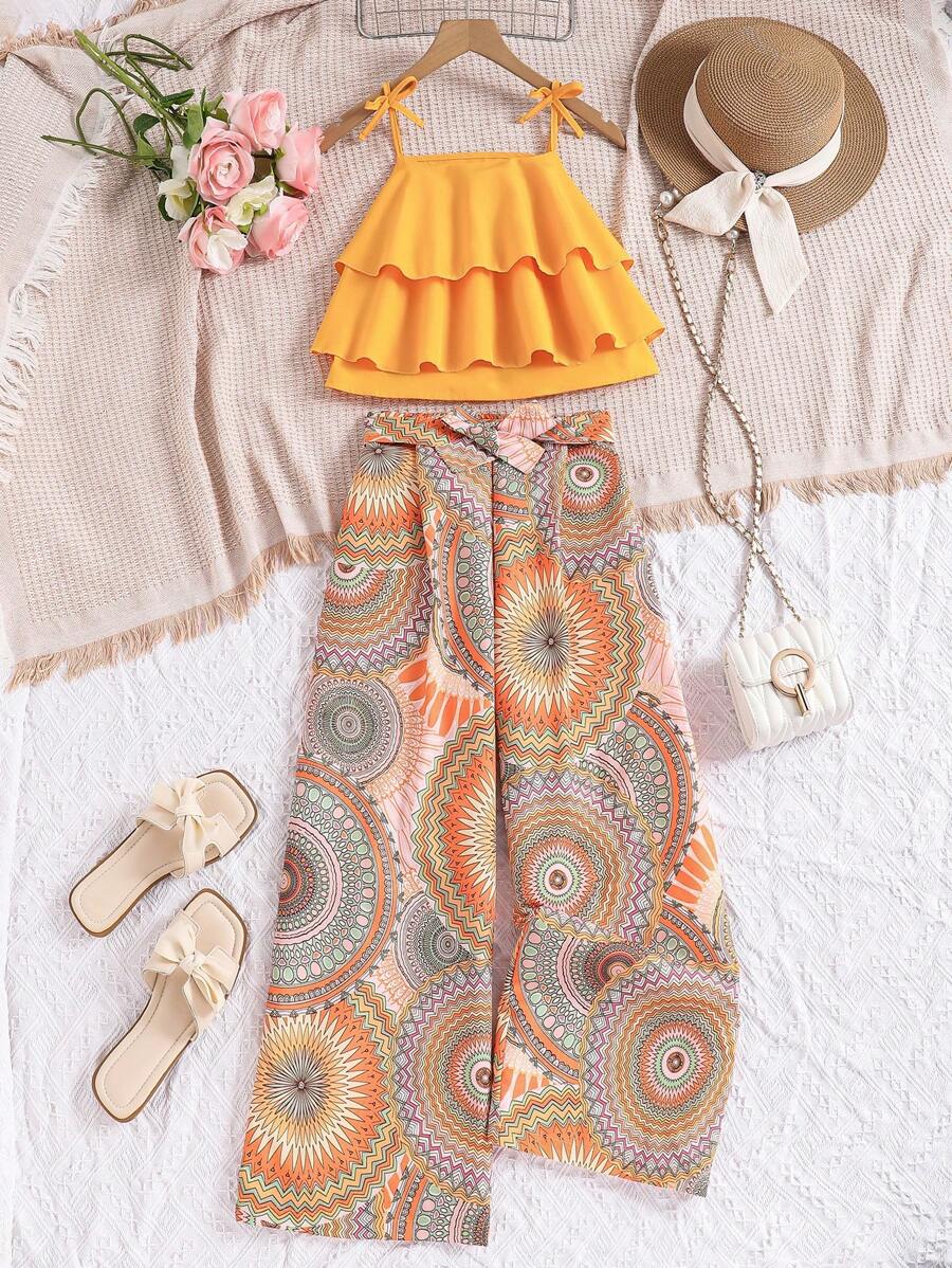 SHEIN Conjunto informal de 2 piezas para niñas preadolescentes con top de tirantes de unicolor y pantalones de pierna ancha con estampado de mandala, ideal para resort y vacaciones