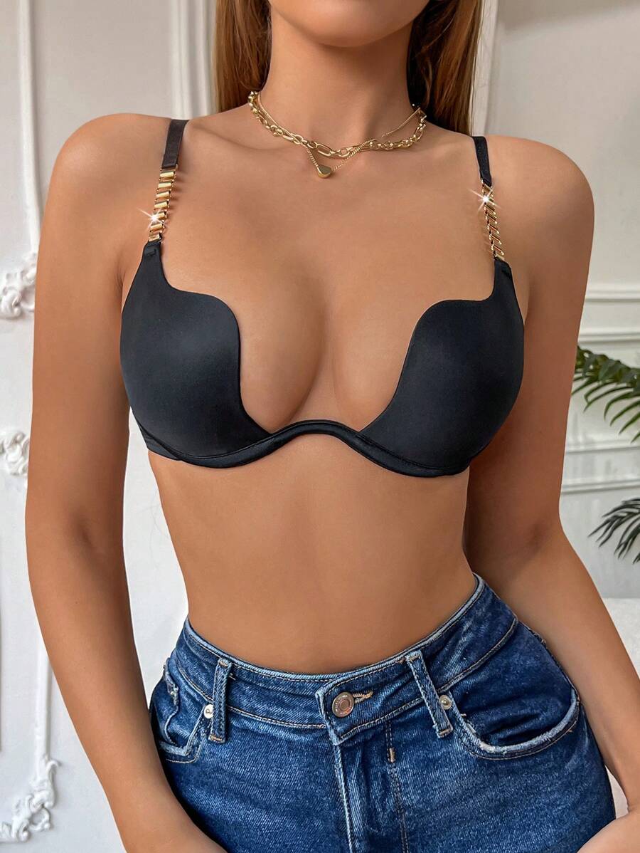 1 pieza Sostén sexy con aros con escote en V profundo y acolchado, con cadena metálica en forma de U para levantar para mujeres