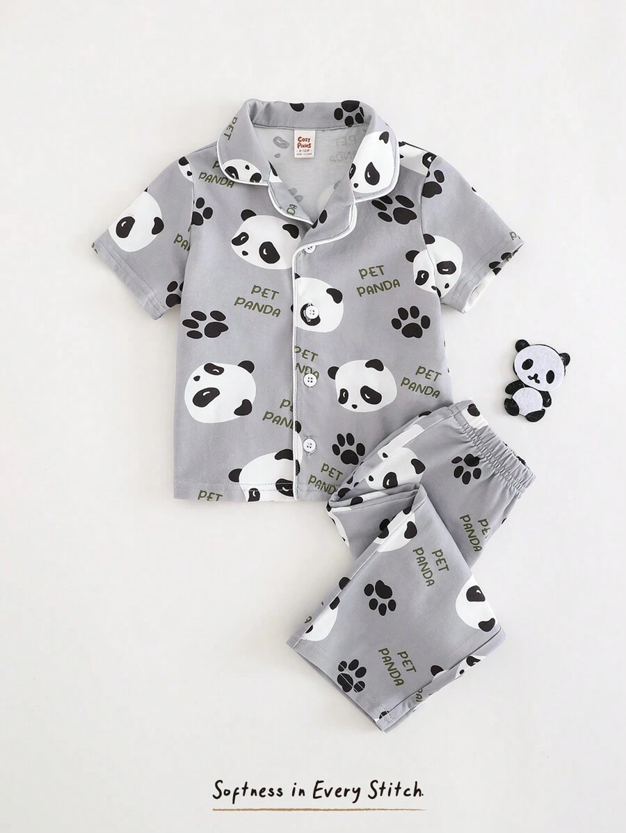 Cozy Pixies 2pcs/Set Baby Boy Cartoon Bear Pattern Lapel Shirt And Elastic Waist Shorts Set