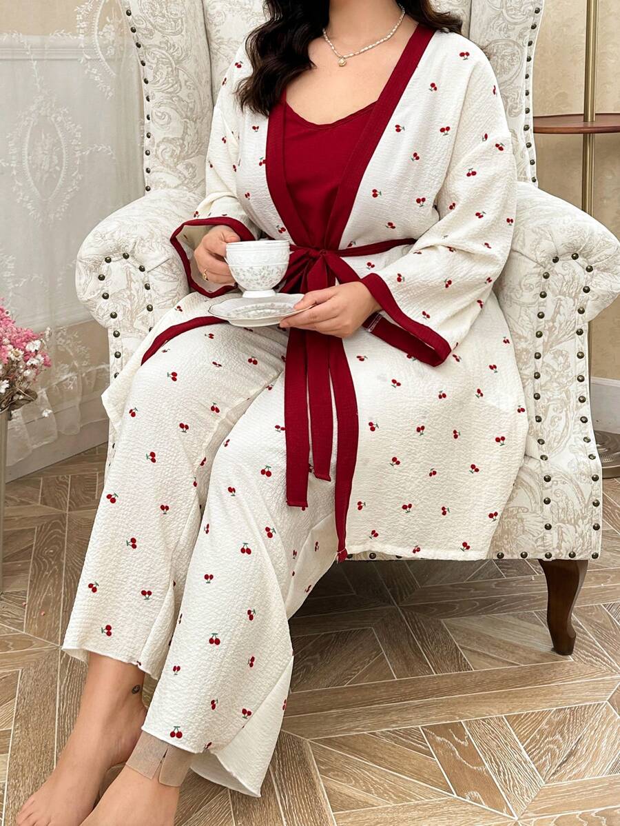CottageSlumber Conjunto de camisola y bata de dormir de talla grande con bloque de color e impresión de cerezas, perfecto para vacaciones