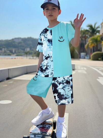 SHEIN Tween Boy Expression Print Tie Dye Tee & Shorts