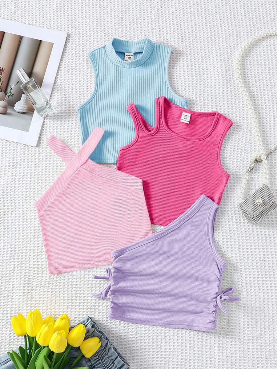 SHEIN 4pcs/Set Teen Girls' Casual Versatile Rib-Knit Solid Color Cropped Tank Top Tank Top For Spring