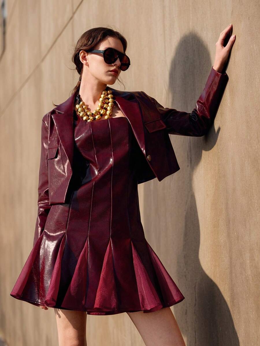 Anewsta Valentine's Day Autumn Shiny PU Leather Patch Mesh Splicing U-Neck Dress With Suit Jacket, Co-Ord Set