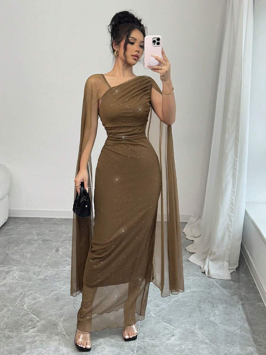 Elenzga Vestido de cóctel ajustado de lujo para mujer con capa de malla tejida de unicolor y mangas plisadas