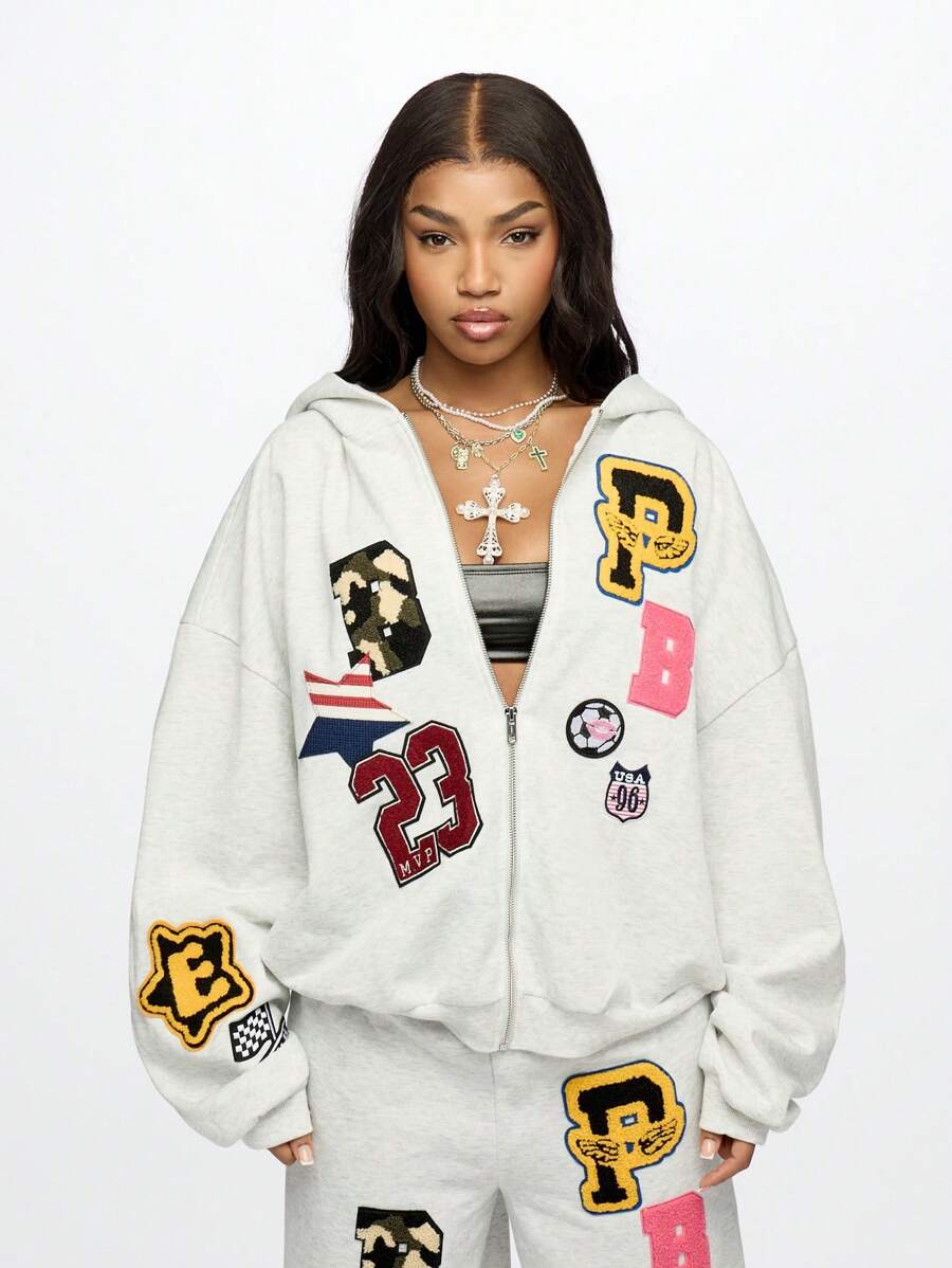 SUMWON WOMEN Varsity Style Full-Zip Hoodie With Patches Applique Badge Design Streetwear Athletic Number 23 Bomber Jacket Style Sweatshirt With Chain Necklace Y2K Fashion Autumn Winter Casual Graduation,Back To School Outfits,Graduation,Teacher Outfits For Women,Back To School