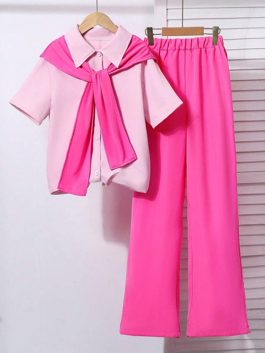 Teen Girls Vacation Casual Style Pink Chiffon Ruffled Blouse + Straight Leg Pants