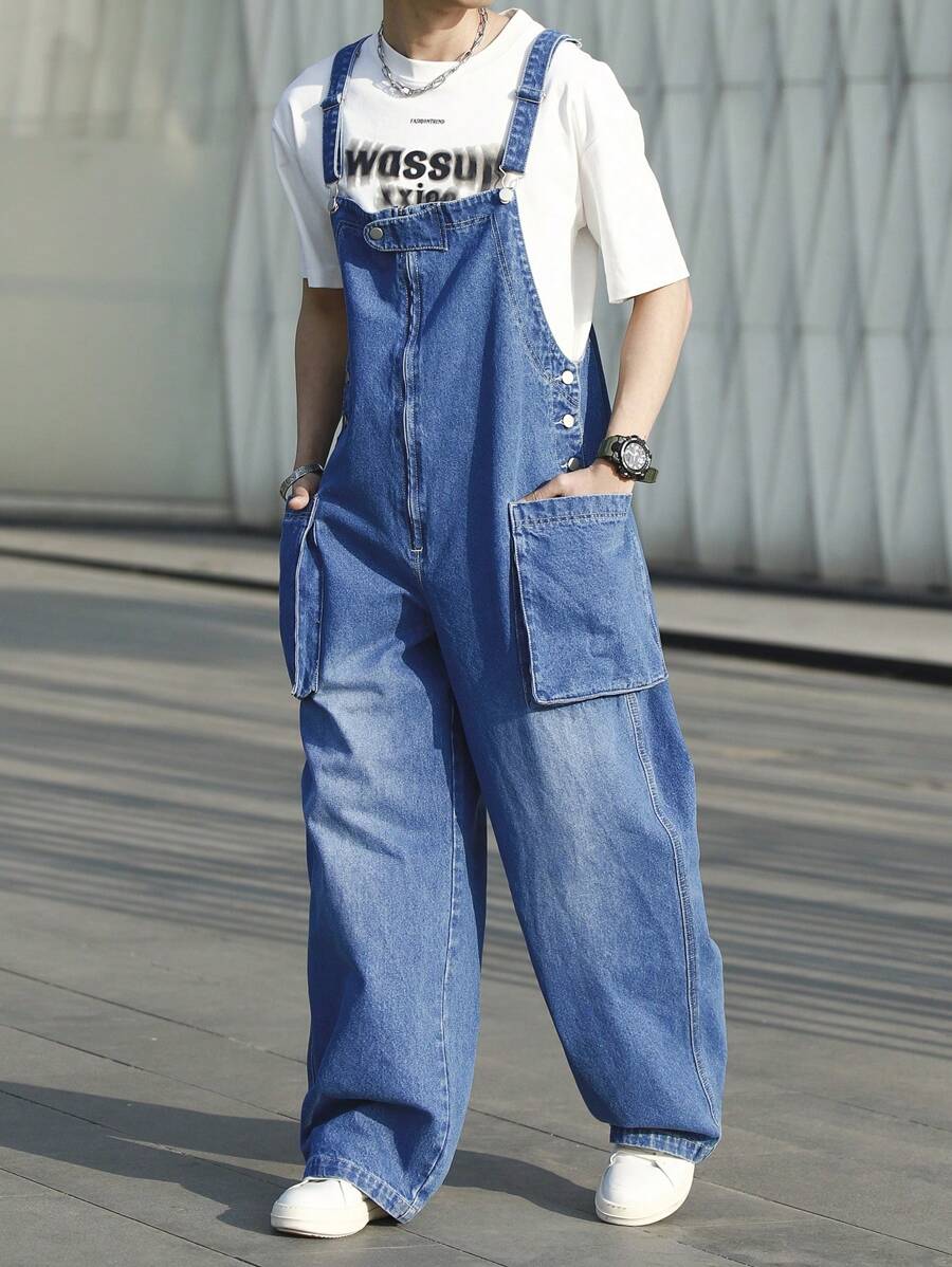 Manfinity Hypemode Pantalones de peto vaqueros casuales de pierna ancha y bolsillo para hombre, corte holgado
