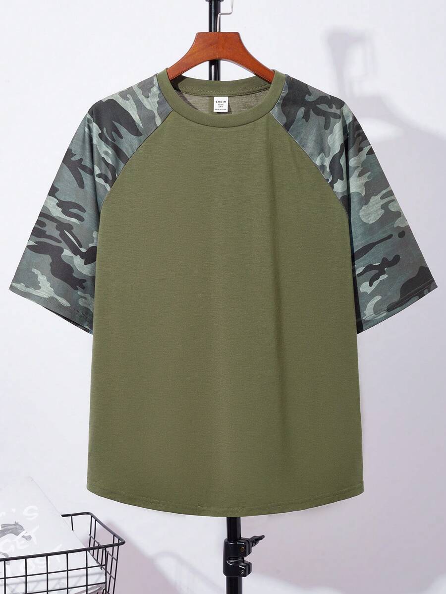 SHEIN Teen Boys' Casual Patchwork Camo Raglan Sleeve T-Shirt, Sports Streetwear Punk Rockaway Collegiate Daily Outdoor Party Music Festival Tee, Suitable For Spring & Summer, Military Green
