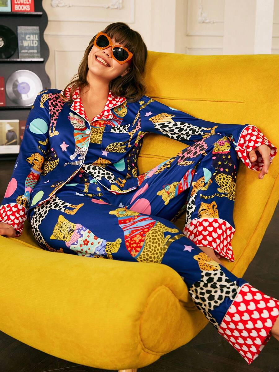 Chillnights Conjunto de pijama de mujer con estampado de leopardo y contraste de color