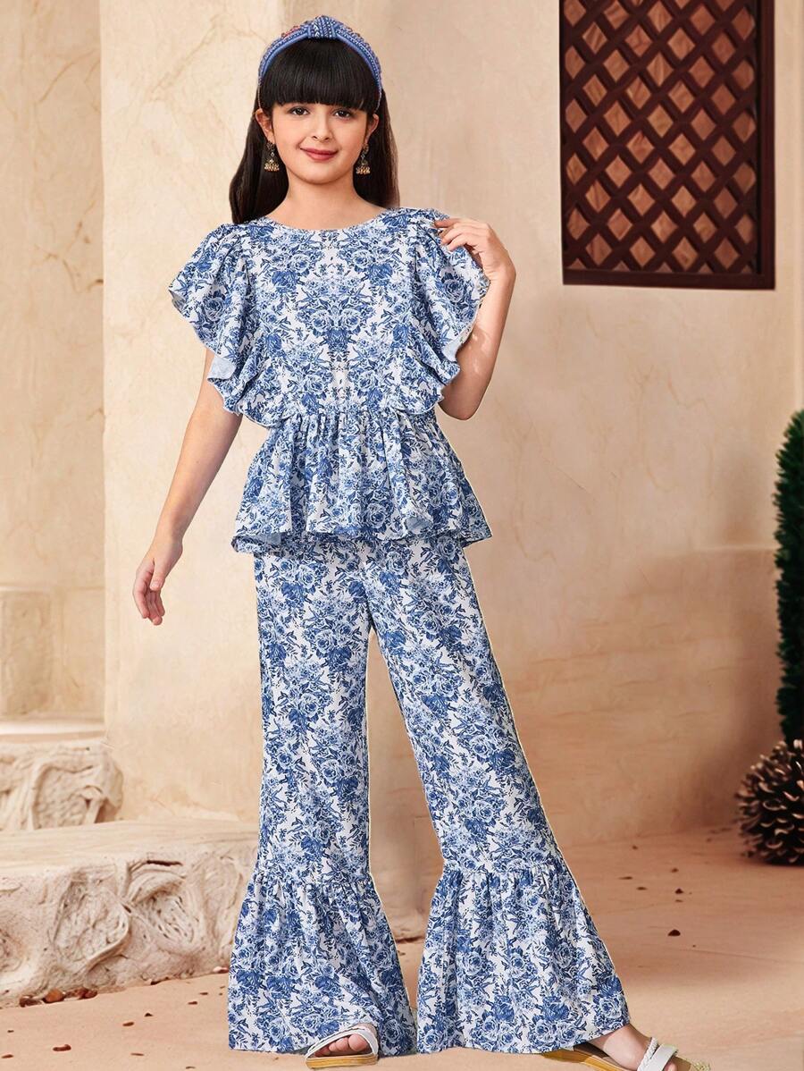 SHEIN Set de 2 piezas para niñas preadolescentes: Blusa superior con cuello redondo con volantes y estampado floral retro y pantalones anchos y holgados, para vacaciones/campo