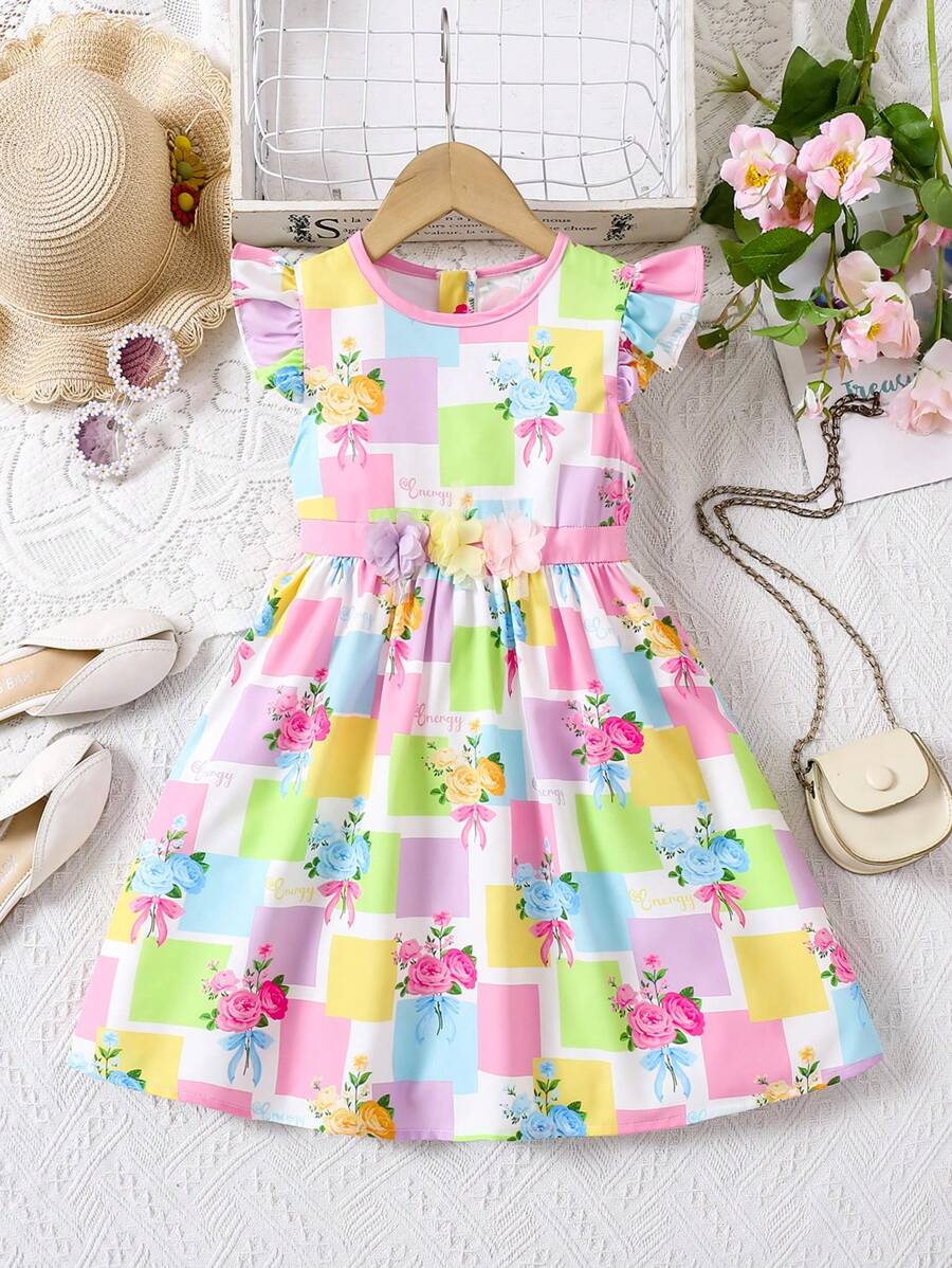 Vestido con estampado floral, cuello redondo y manga corta para niñas jóvenes y lindas
