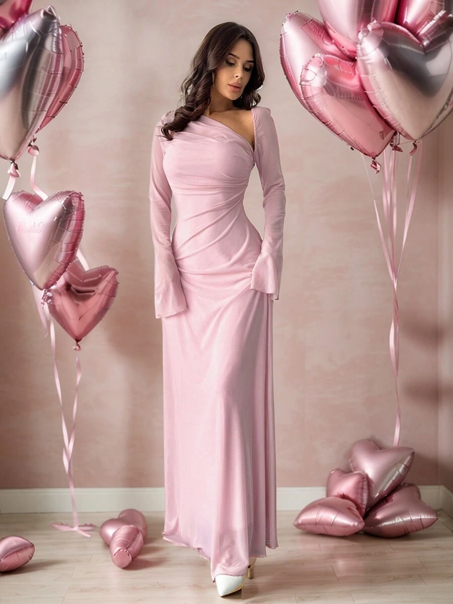 SHEIN Privé Vestido largo de manga larga asimétrico de hombro con malla color rosa pálido, vestido plisado extra largo, vestido rosa, vestido para el Día de San Valentín