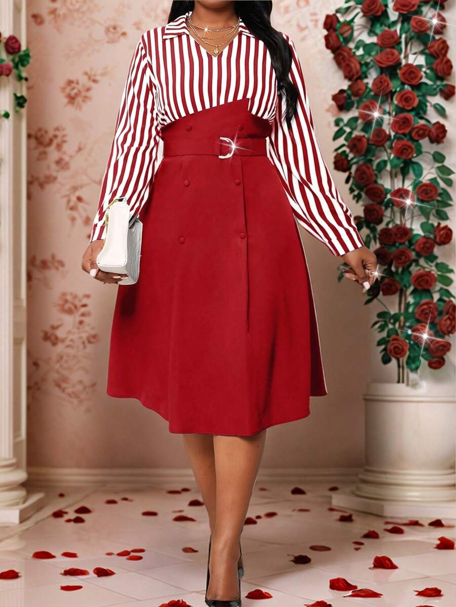 SHEIN Lady Autumn And Winter Casual Black Woven Flared Belted Shirt Dress Midi Long Sleeve Plus Size Dresses Business Casual Women Halloween Dress Valentine's Day Valentines Clothes Valentine's Day Dress Valentines Dress Festival Outfits For Women Valentine's Day Outfit Women