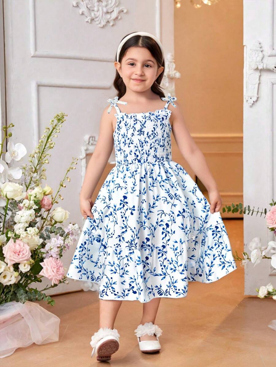 Young Girls Elegant Floral Print Strap Long Dress, Featuring Bowknot Shoulder Straps, Flared Dress Hem With Ruffle, Charming & Fashionable, Suitable For Spring/Summer Holiday, Best Birthday Gift
