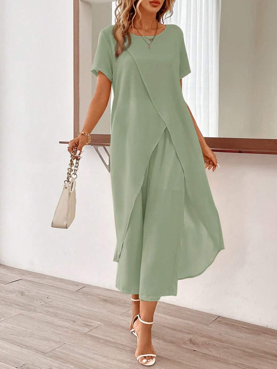 SHEIN Clasi 2pcs/Set Casual Solid Color Wrap Long Top And Long Pants