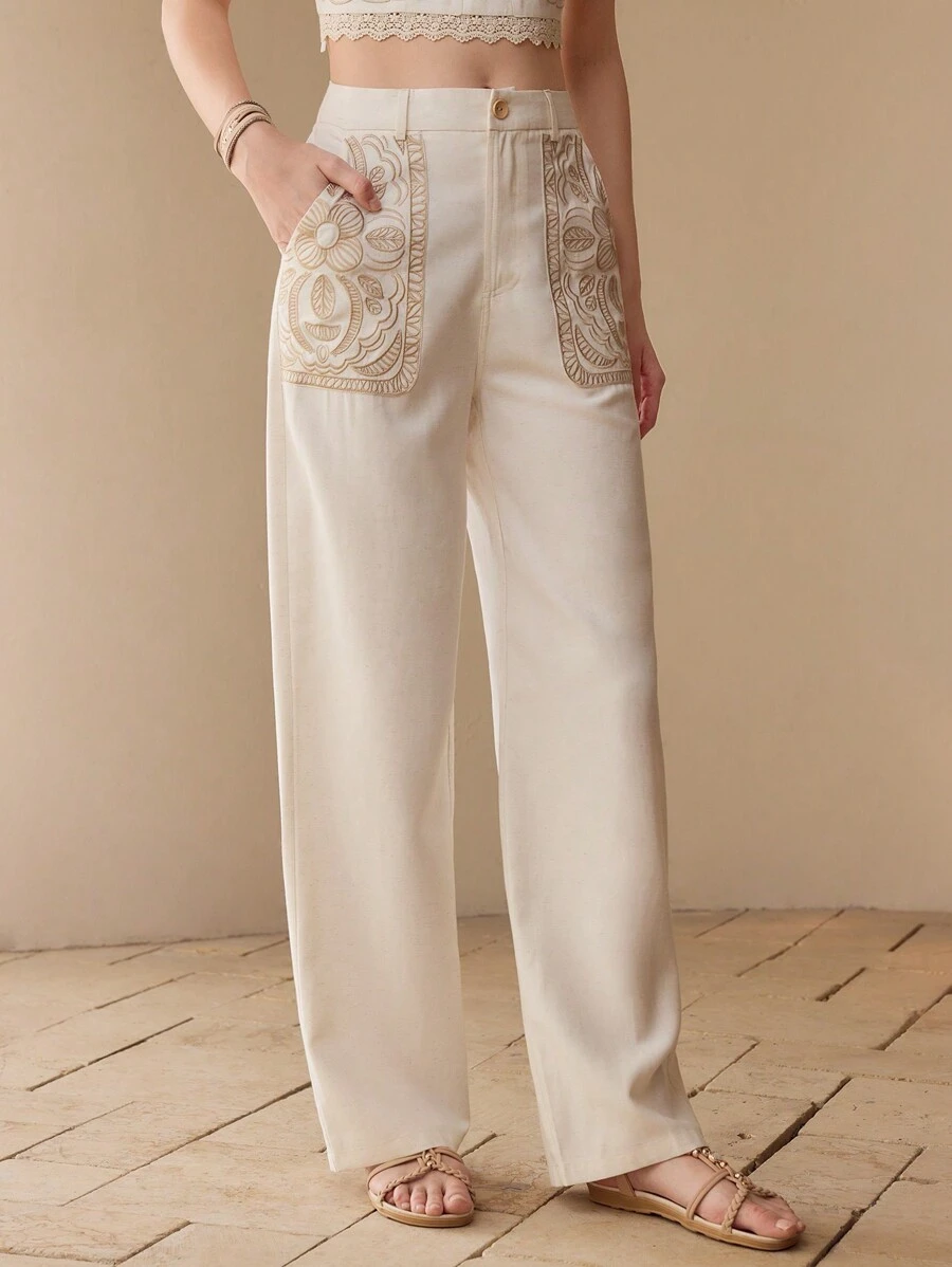 MOTF LINEN FLORAL EMBROIDERY PANTS