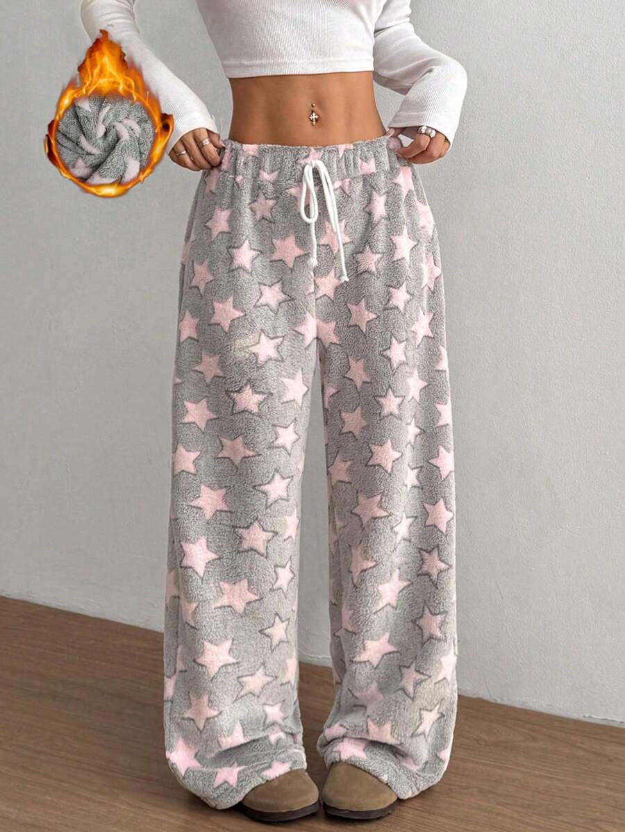 Flirla Christmas New Plush Print Comfortable Women Loose Straight Leg Pants