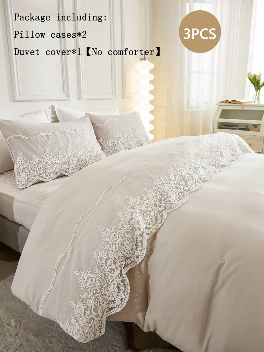 Juego de funda nórdica en beige con decoración de encaje, estilo bohemio y campestre. Set de 3 piezas con funda nórdica, 2 fundas de almohada. Funda nórdica de microfibra suave en color beige para todas las estaciones, sin edredón, para niños y niñas.