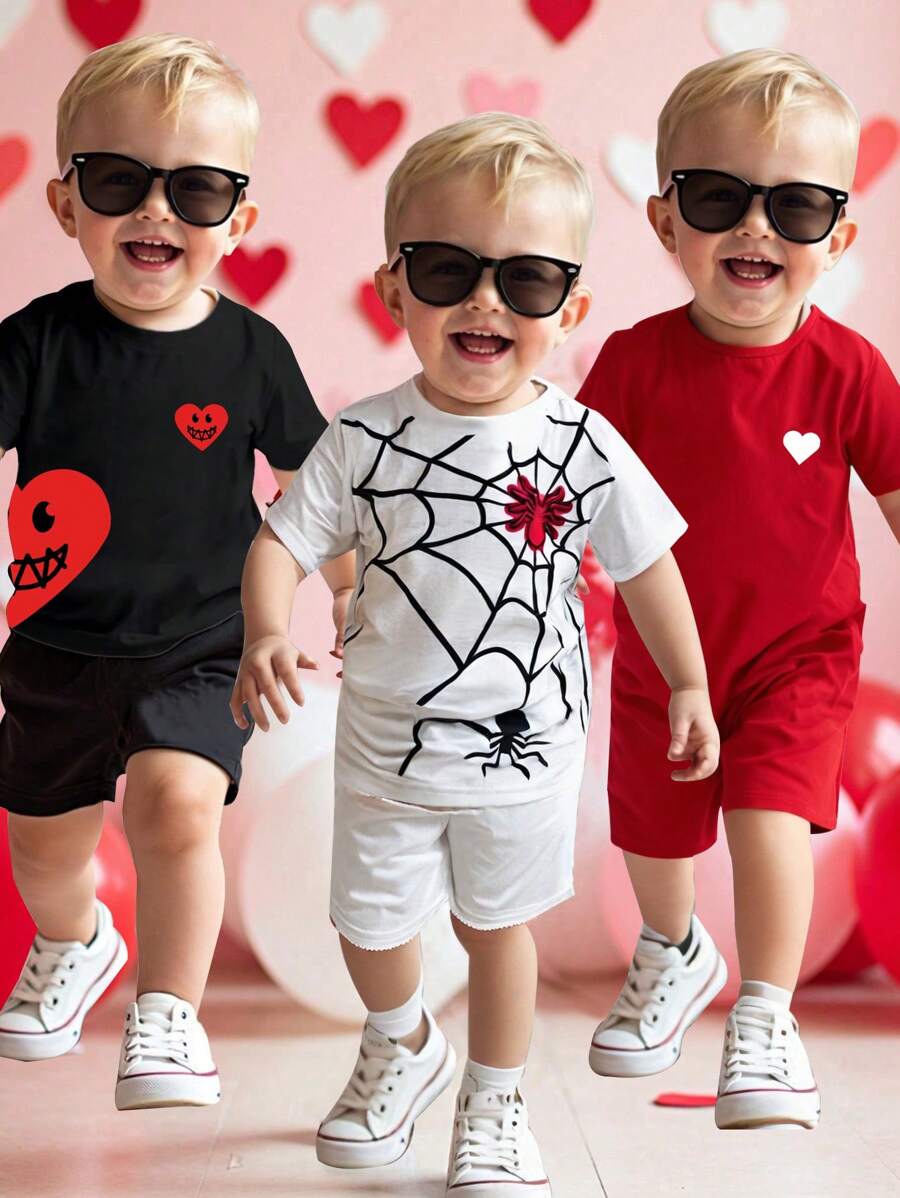 Set de 6 bucăți pentru copii, ocazional, confortabil, la modă, simplu și practic, set de tricou și pantaloni scurți, model moale de inimă și păianjen, potrivit pentru primăvară/vară și sărbători precum Ziua Îndrăgostiților"