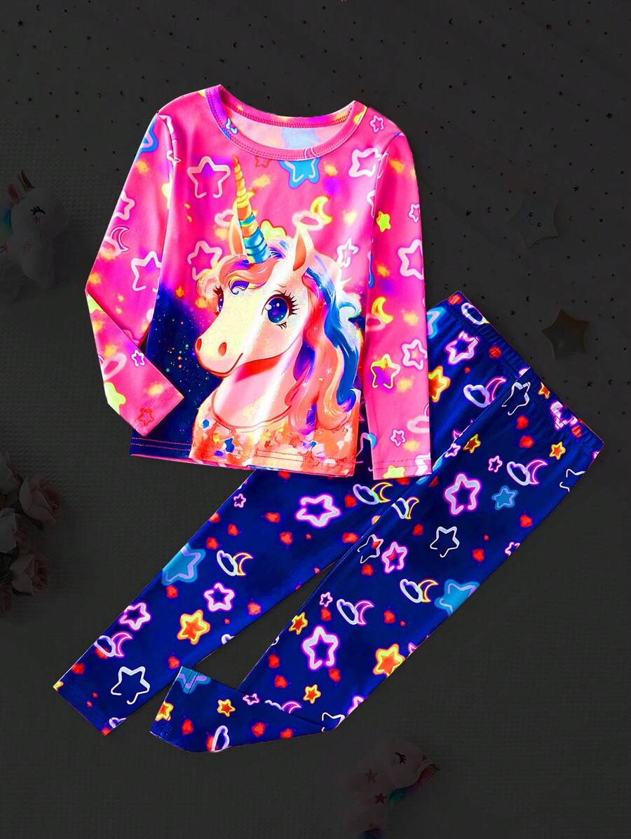 Jeune fille Ensemble de pyjama 2 pièces avec haut à manches longues col rond et pantalon long, imprimé licorne fluorescente
