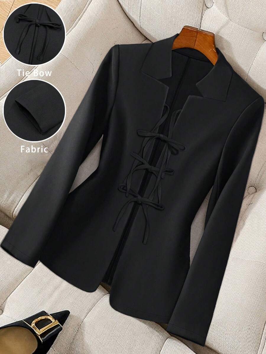 Franclia Women's Notched Neck Long Sleeve Bow Tie Solid Color Casual Cardigan Sweater