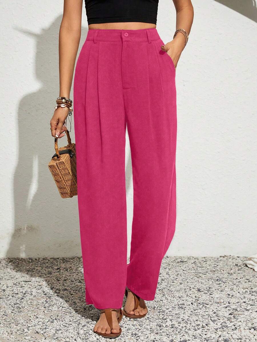 SHEIN VCAY Plus Size Women Plain Pocketed Pleated Wide Leg Casual Pants