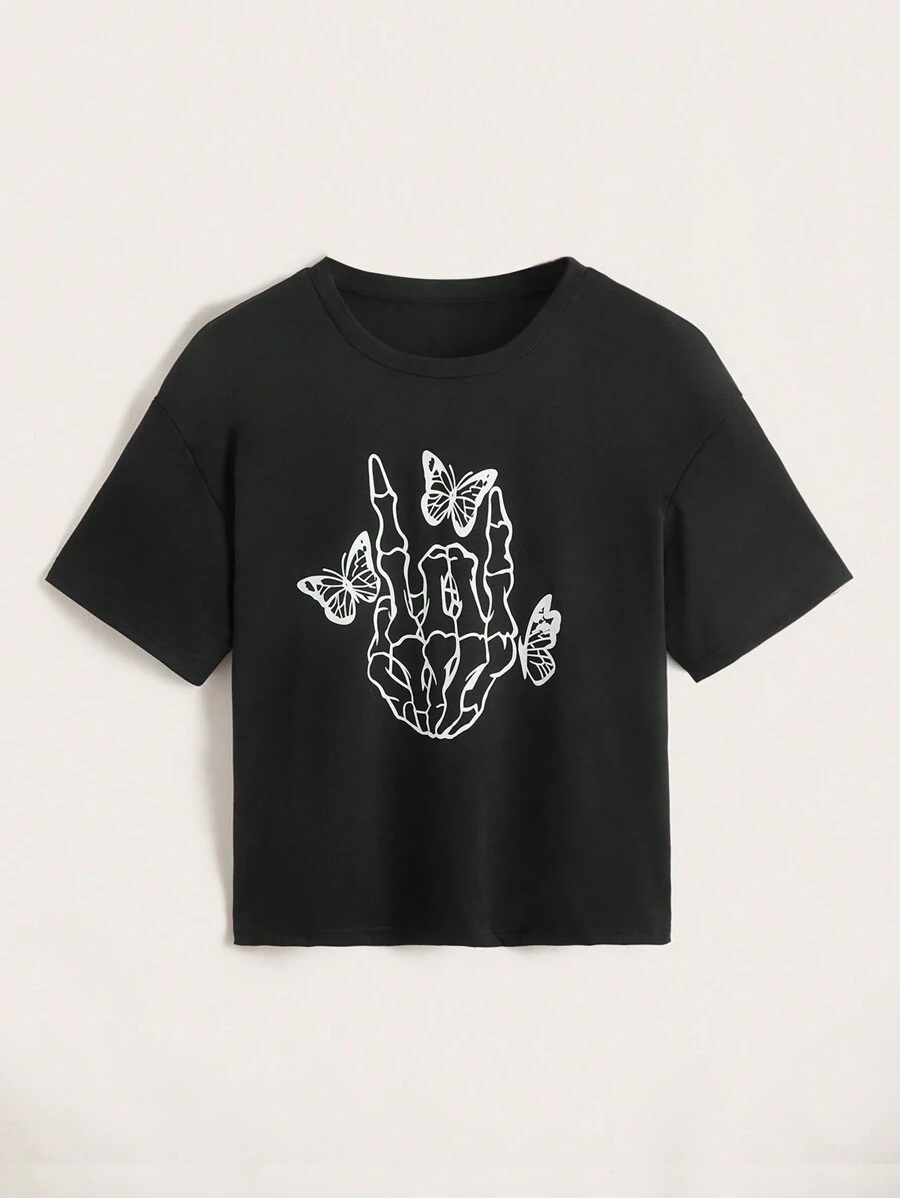 ROMWE T-shirt casual a maniche corte con stampa di teschi e farfalle, estiva