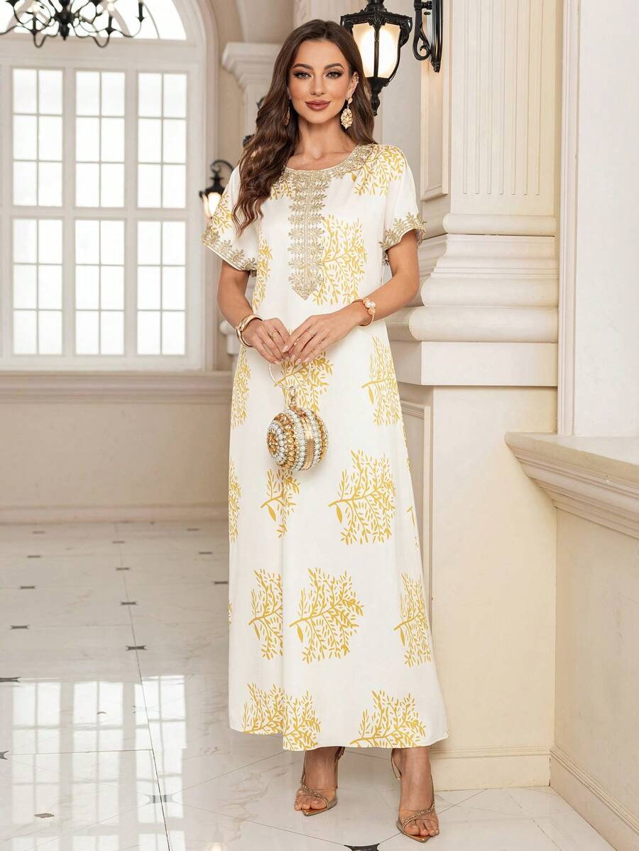 Al Najma Women's Elegant Long Metallic Printed Arabic Style Dress