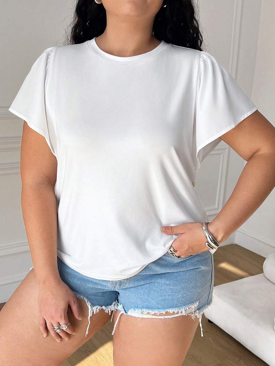 SHEIN EZwear Plus Size Effen Kleur Ronde Hals Korte Mouw Minimalistische Top, Casual Dagelijkse Kleding