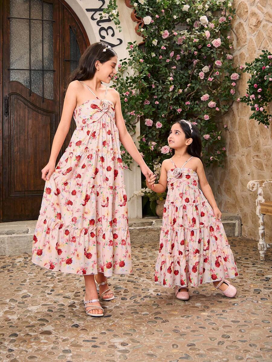 SHEIN Girls Floral Print Elegant Sleeveless Dress, Family Matching Outfits (2 Pieces Sold Separately)