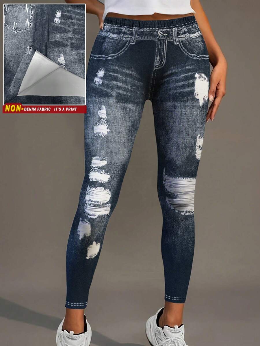 INAWLY Women's Vintage Design Asymmetric Distressed Frayed Printed Skinny Jeans, Fashion Casual Leggings