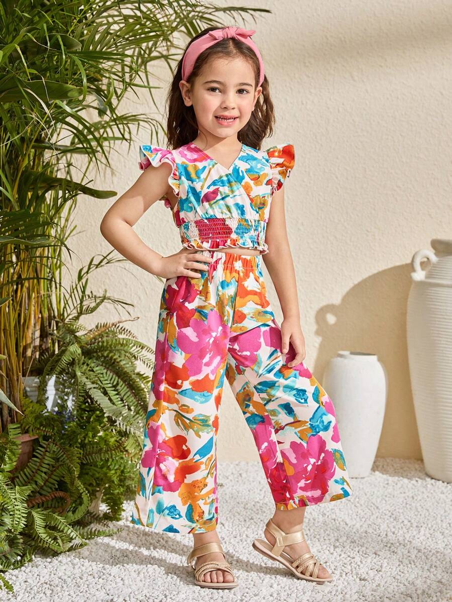 Set de 2 piezas: Blusa con volantes con estampado floral diminuto tejido y pantalón ancho suelto con el mismo estampado floral diminuto tejido para niñas jóvenes