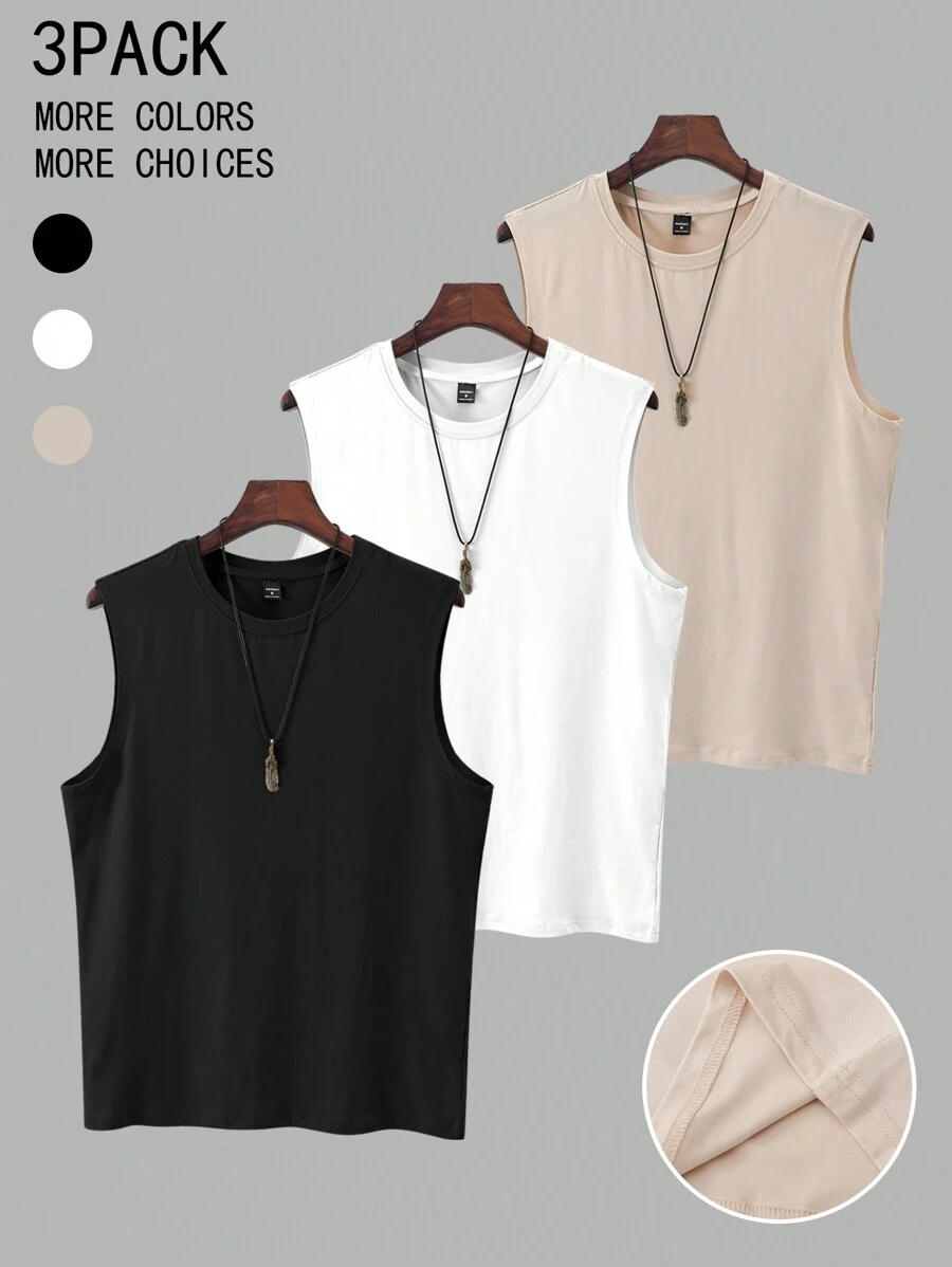 Manfinity Homme 3pcs 2025 New Summer Plus Size Men's Sleeveless T-Shirt, Simple Basic Black White Khaki Colors, Fast Color, Casual Sports Undershirt, Loose Fit