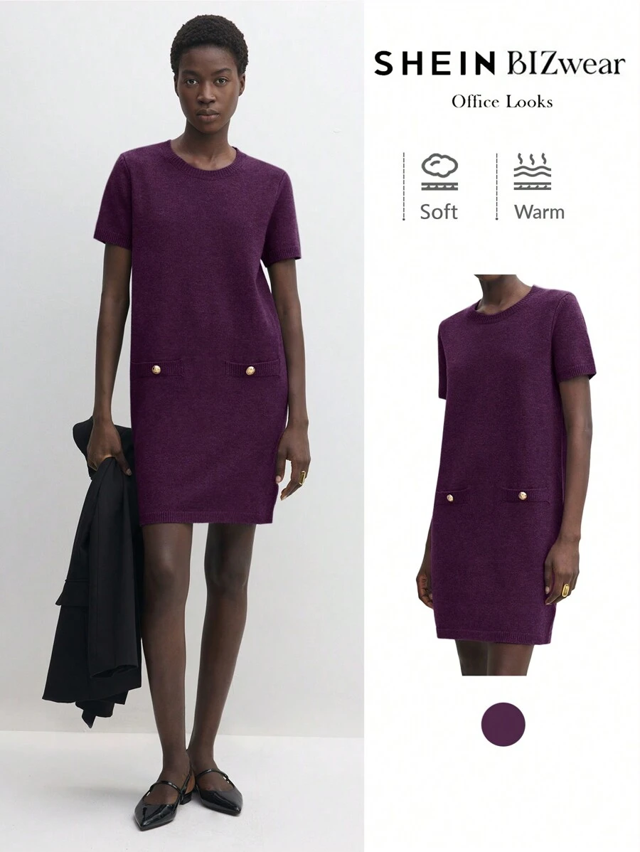 BizChic Robe droite en tricot pourpre, nouveauté été 2025, tenue de bureau décontractée pour le trajet quotidien élégant