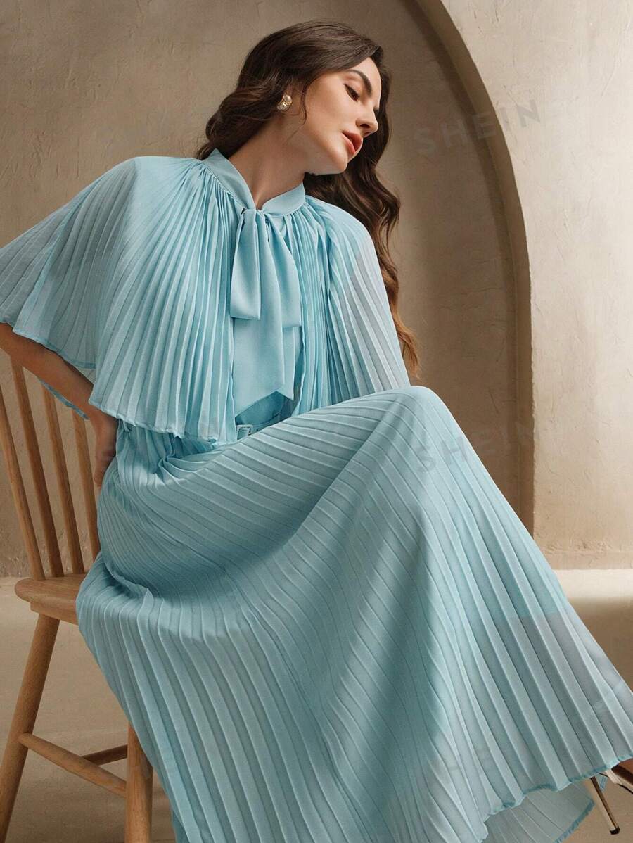 Anewsta Vestido casual y elegante con cuello de chal azul, amarrado por delante y plisado, adecuado para primavera y festivales