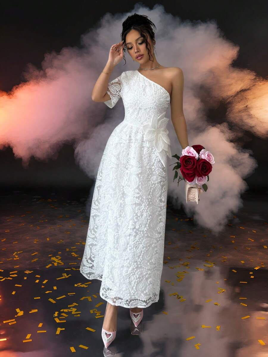 Chiquease White Lace Asymmetric Neck Embroidered Elegant Cocktail Dress