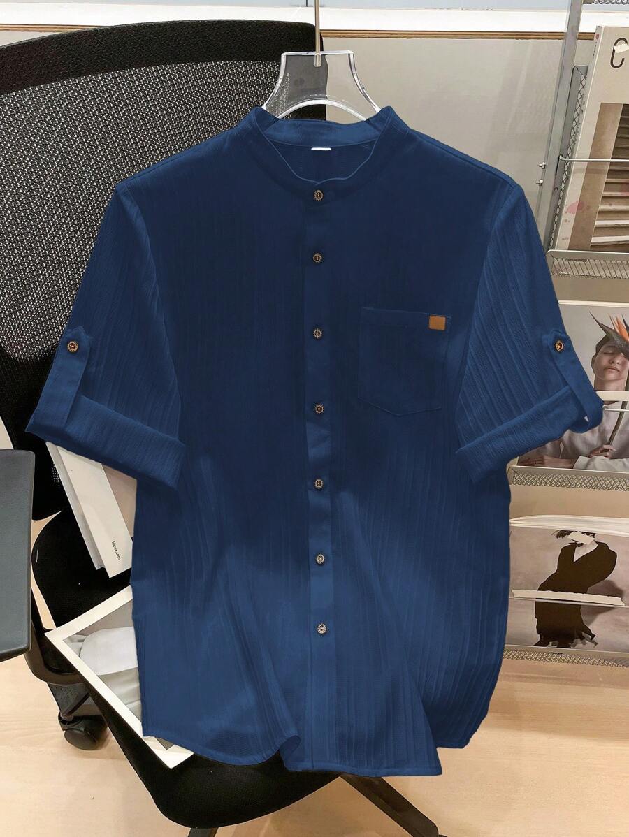 SHEIN 1pc Teen Boy Casual School Style Comfortable Textured Standing Collar Patch Pocket All-Match Versatile Shirt