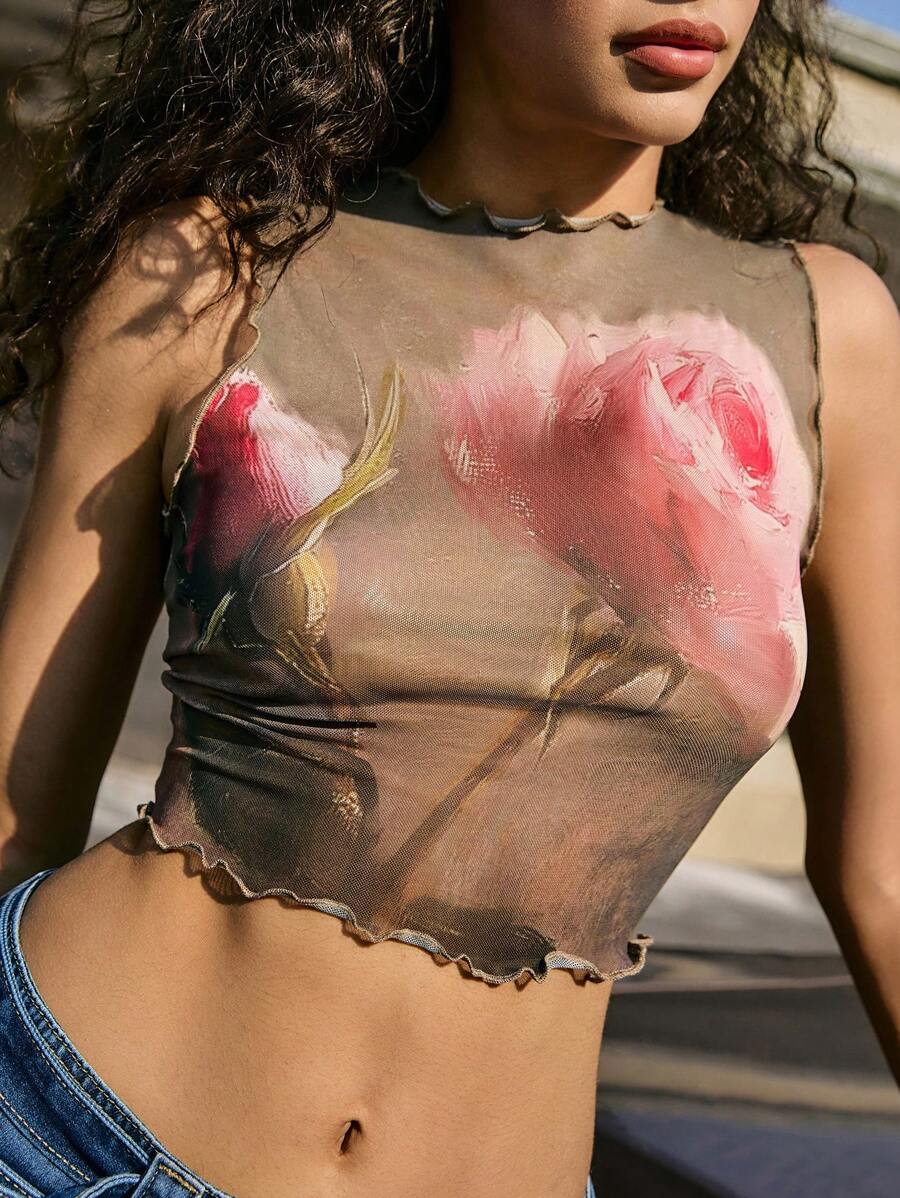 Easelle Women's Vintage Sexy Rose Pattern Semi-Sheer Mesh Fitted Cropped Camisole