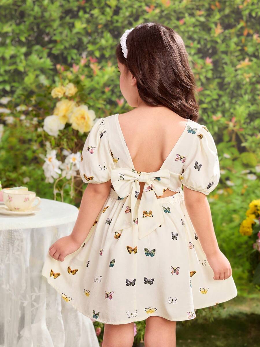 SHEIN Young Girl Gathered Puff Sleeve Fitted Woven Dress