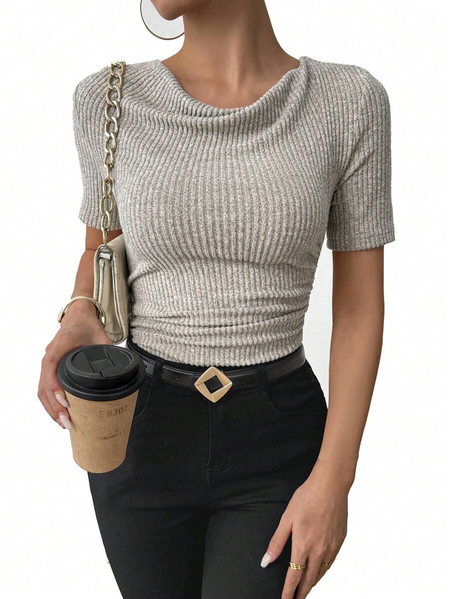 Calvaya Vintage Asymmetric Frill Collar Ruched Slim Fit Ribbed Short Sleeve T-Shirt