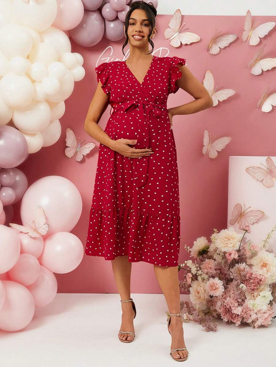 Loomaby Maternity V-Neck Tie Belt Pleated Casual Dress, Suitable For Vacation, For Baby Shower Party,, Valentine's Day,Gender Reveal Dress