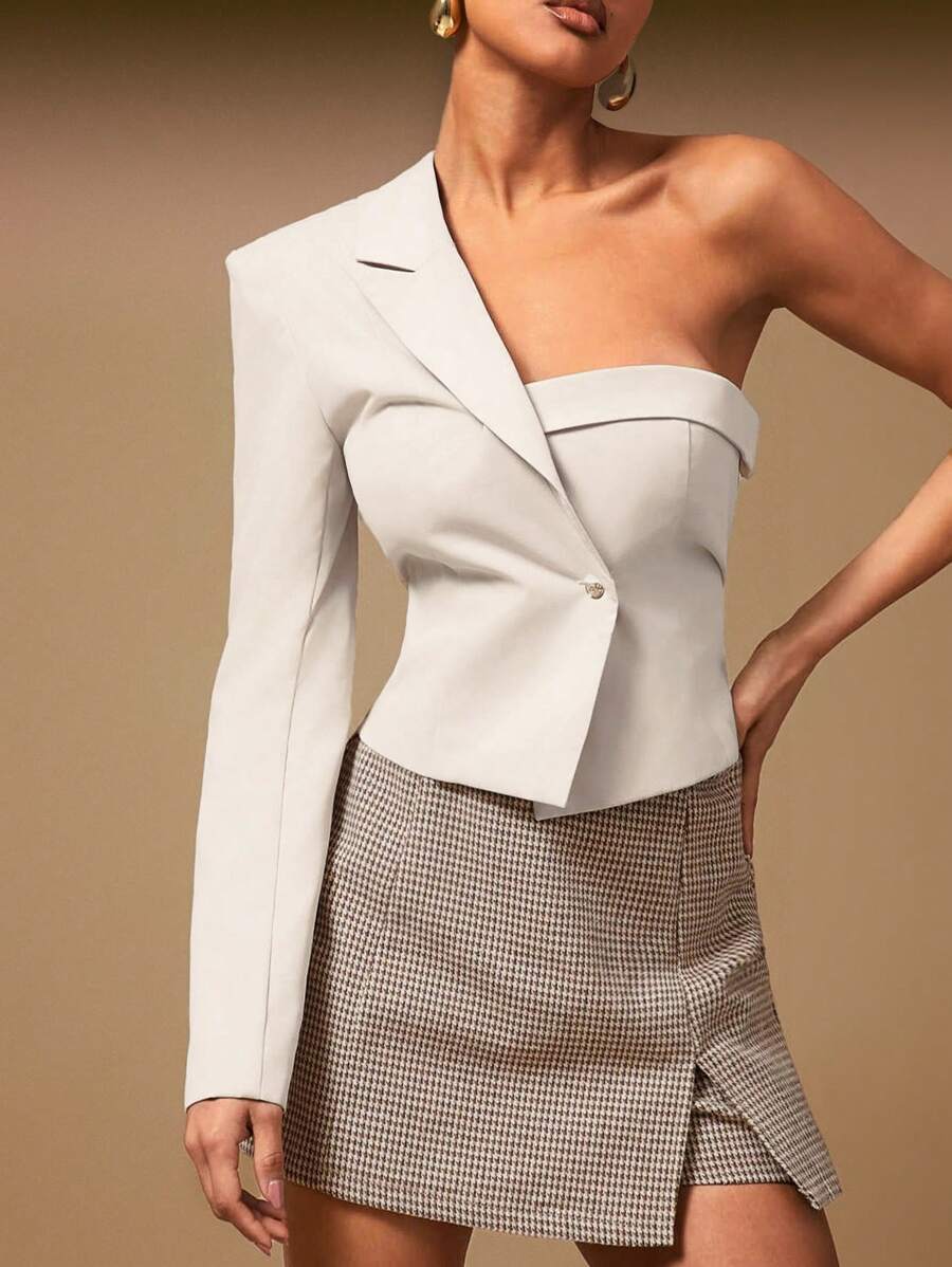 Hauture Summer Women Outfit, Women Clothes, Beige Asymmetrical Single Lapel Bustier Long Sleeve Blazer Crop Jacket, Women Tops, Long Sleeve Top, One Shoulder Top, Women Blazer, White Top, Office Women Outfits. For Date Night, Concerts, Performances, Parties, Clubs, Music Festivals, Old Money