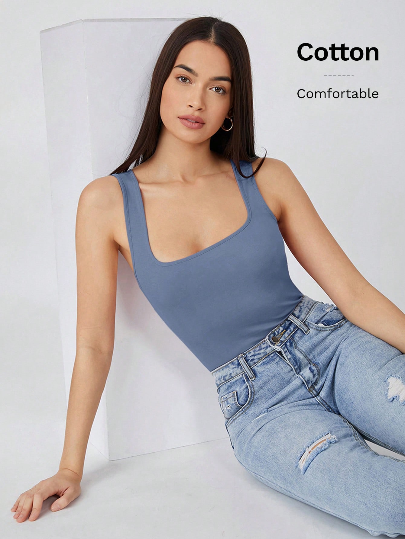 SHEIN BASICS Women Square Neck Slim-Fit Casual Tank Top