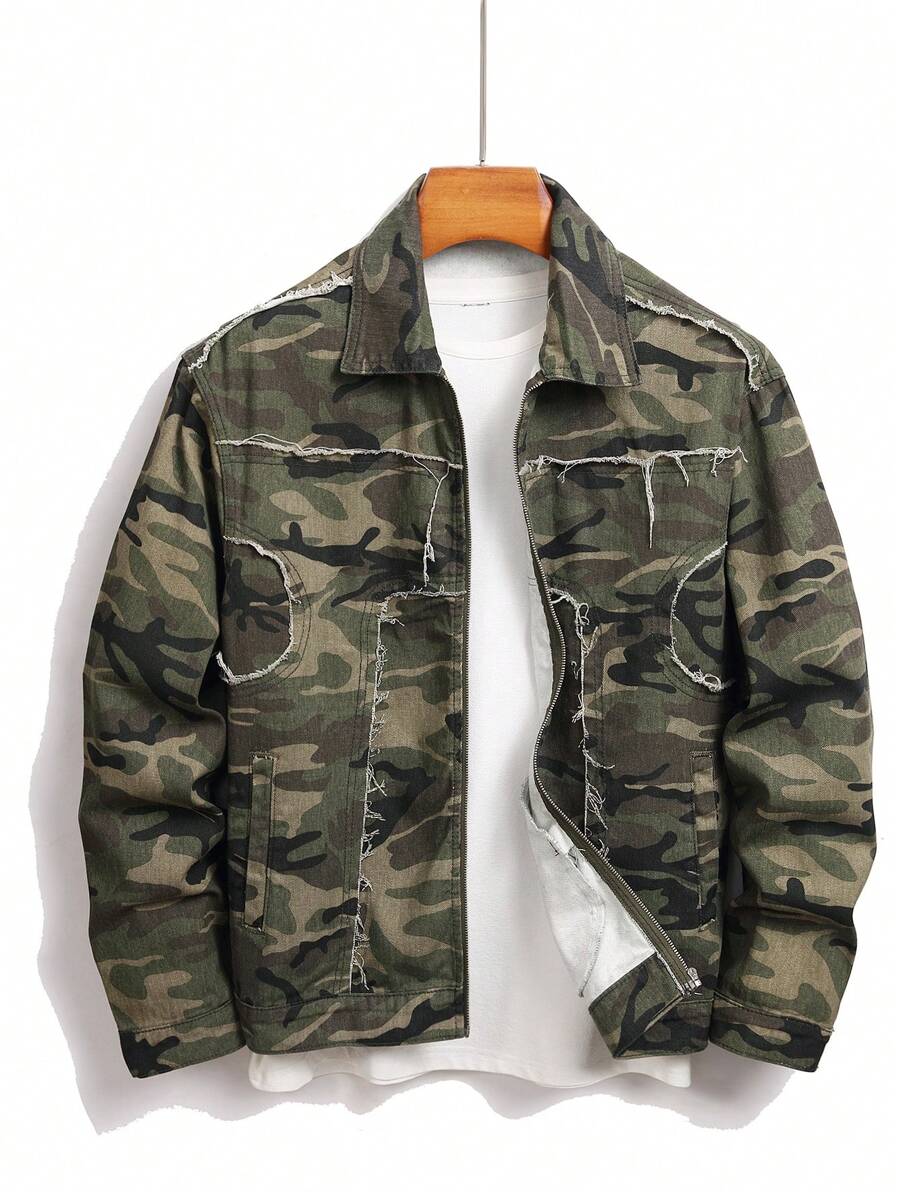 Manfinity EMRG Men's Casual Camouflage Print Fringed Denim Jacket