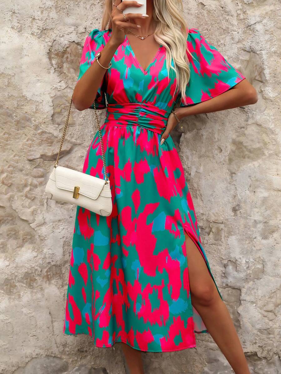 SHEIN Clasi Plus Size Summer V-Neck Short Sleeve Split Minimalist Casual Dress, Western Wear, Festival Boho Bohemia