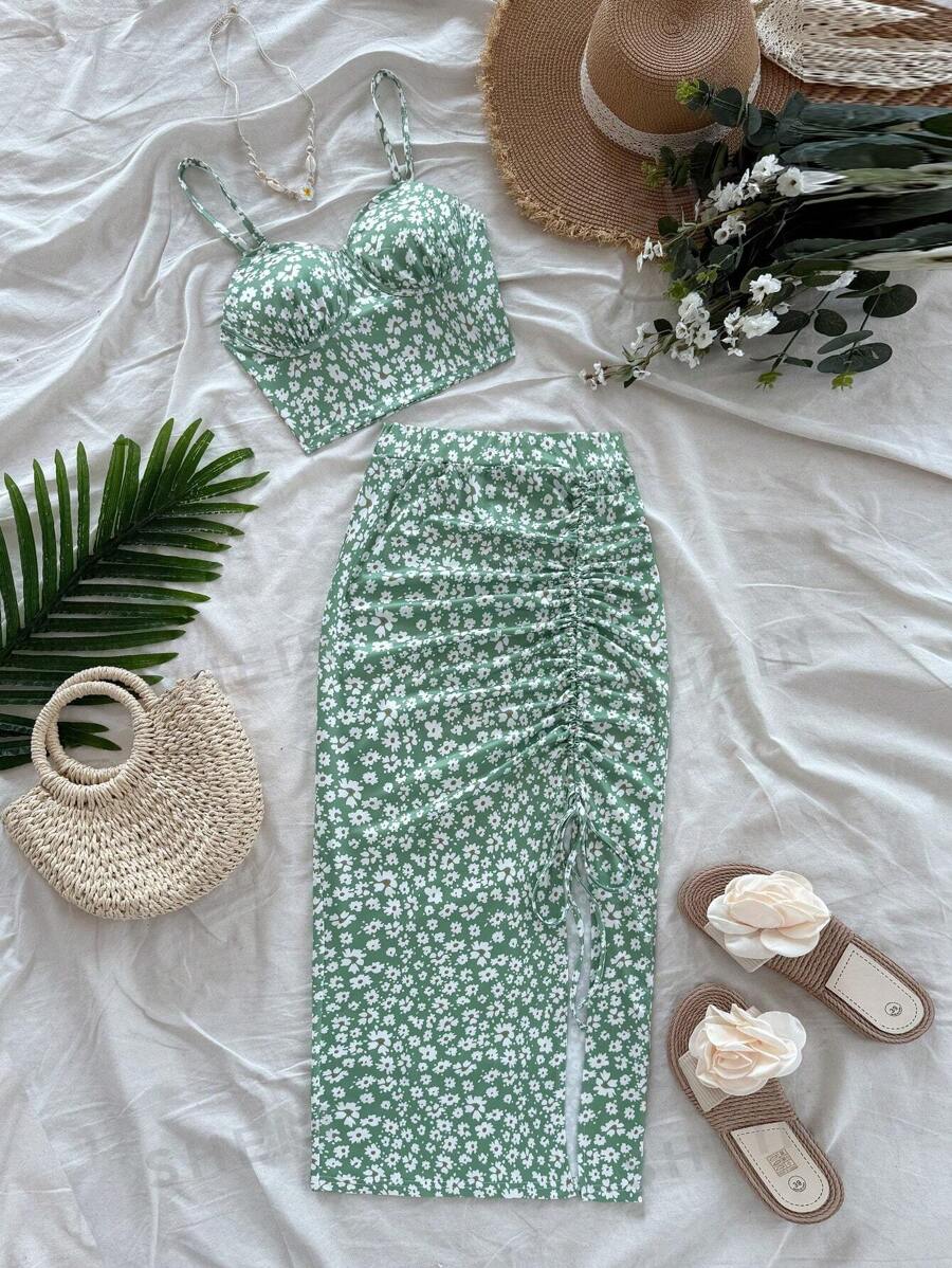 Soleia Set casual pentru femei Ditsy cu bretele florale și fustă midi cu volane