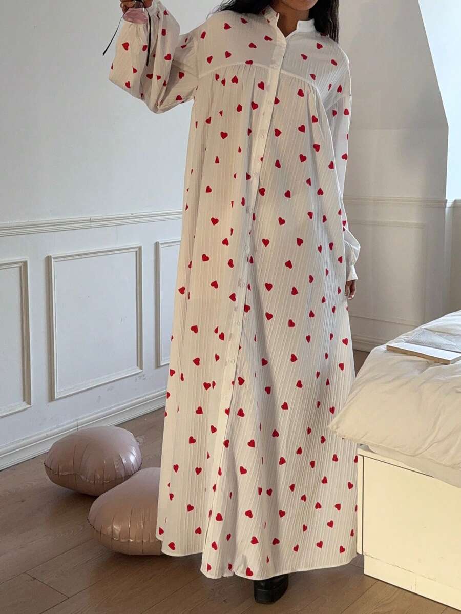 SHEIN Essnce Women's Valentine's Day Red Heart Print Full Heart Print Front Button Super Loose Long Dress,Shirt Dress,For Summer/Spring 2025 New